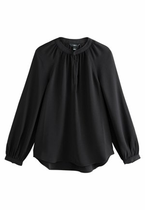 Blusa negra de manga larga con cuello redondo, canesú fruncido, tapeta frontal oculta y puños abotonados, colgada plana sobre fondo blanco.