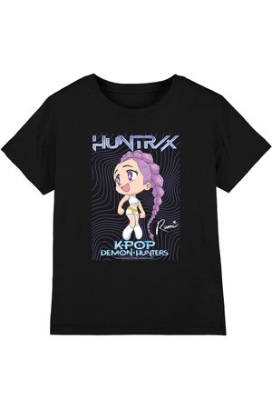 Black T-shirt with cartoon character with purple braided hair, large purple eyes, white outfit, and text "HUNTRIX KPOP DEMON HUNTERS."