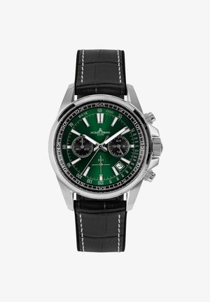 Stainless steel watch with a green dial, black leather strap, silver accents, two sub-dials, and a date window at 6 o'clock.