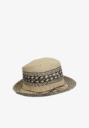 Chapeau en paille avec une couronne ronde, un large bord et une bande en accent tissée noire avec un nœud. Couleur beige naturel avec un matériau en paille texturé.