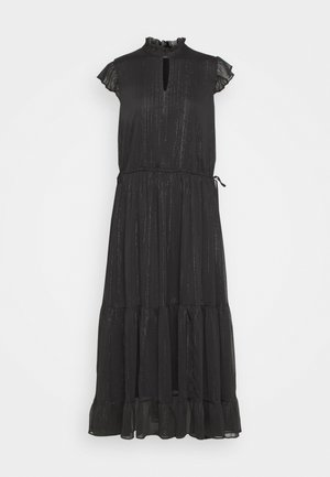 Schwarzes Midikleid mit Rundhalsausschnitt und Schlüssellochdetails, kurzen gerafften Ärmeln, gerafftem Taillenteil, gestuftem Saum und strukturiertem Stoff.