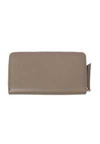 Leather wallet in light taupe, rectangular shape with a textured surface and gold zipper detailing. Minimalist design with a slim profile.