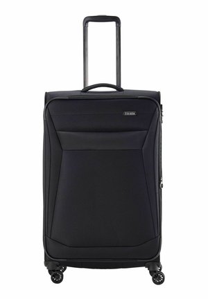 Black suitcase with a hard exterior, retractable handle, four wheels, and textured front panel. Features a zip closure and logo accent.