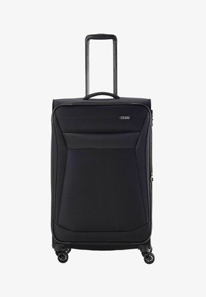 Black suitcase with a hard exterior, retractable handle, four wheels, and textured front panel. Features a zip closure and logo accent.