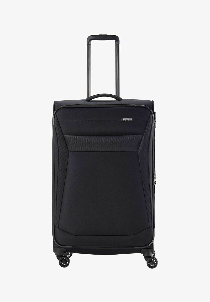 Valise noire avec un extérieur rigide, une poignée rétractable, quatre roues et un panneau avant texturé. Comprend une fermeture zippée et un accent de logo.