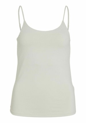Camisole sans manches vert clair avec de fines bretelles spaghetti. Texture lisse et coupe ajustée, avec un col rond et un ourlet droit.