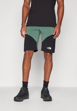 Muž nosící černé a zelené kraťasy The North Face, černé tričko, černé ponožky a černé trekové boty, stojící před jednobarevným pozadím.