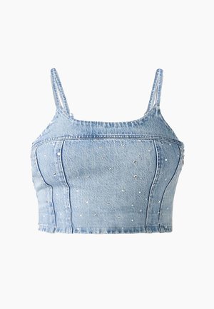 Vaaleansininen farkkukroppa, jossa ohuet olkaimet ja pieniä hajanaisia koristuksia etupaneelissa.