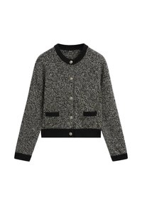 Sweter typu kardigan w czarno-szarym kolorze, z okrągłym dekoltem, zapięciem na guziki, dwoma przednimi kieszeniami oraz ściągaczami na mankietach i u dołu.