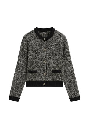 Gebreide cardigan in zwart en grijs met een ronde halslijn, knoopsluiting, twee voorzakken en geribbelde manchetten en onderrand.