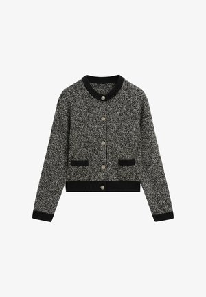 Strickcardigan in Schwarz und Grau mit rundem Ausschnitt, Knopfleiste, zwei Fronttaschen sowie gerippten Bündchen und Saum.