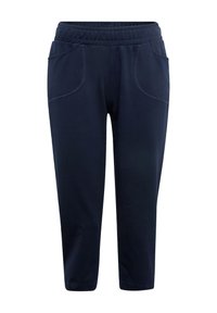 Marineblaue, verkürzte Hosen aus weichem Stoff, mit elastischem Bund, zwei vorderen Taschen und Kontrastnähten.