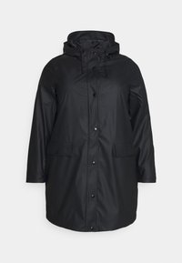 Schwarze wasserdichte Parkajacke mit Kapuze, Druckknöpfen, zwei Fronttaschen und geradem Saum. Glatte Textur mit matter Oberfläche.