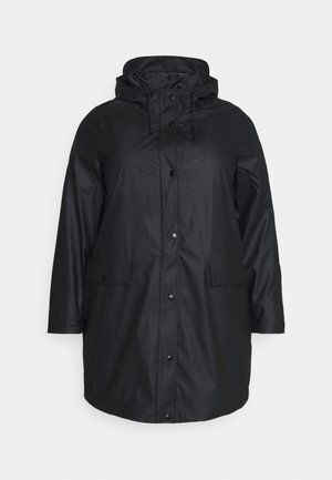 Sort vandtæt parka-jakke med hætte, trykknapper, to frontlommer og lige kant. Glat tekstur med en mat finish.