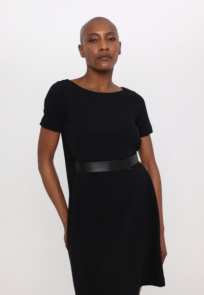 Black fitted dress with short sleeves, a slight A-line silhouette, and a wide black belt at the waist, showcasing a textured fabric.