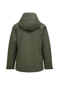 Groene waterdichte jas, met capuchon en een gladde textuur. Voorzien van lange mouwen en gevormde naden. Eenvoudig ontwerp zonder patronen of accenten.