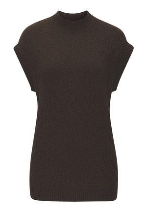 Brown knit sweater featuring a high neck, short sleeves, and a textured diamond pattern. Soft material with ribbed trim at the neckline and hem.