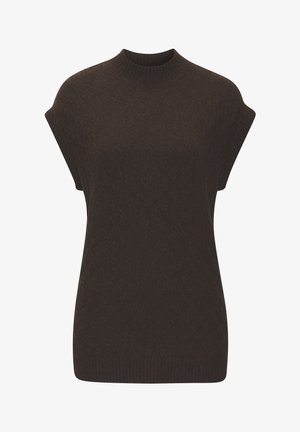 Brown knit sweater featuring a high neck, short sleeves, and a textured diamond pattern. Soft material with ribbed trim at the neckline and hem.