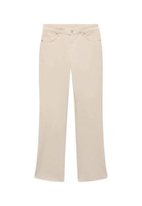 Beige denim jeans met een rechte pasvorm, vijf zakken en zilveren hardware-accenten. Gladde textuur met een lichte stretch.