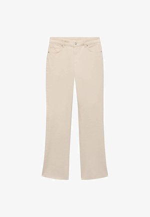 Beige denim jeans met een rechte pasvorm, vijf zakken en zilveren hardware-accenten. Gladde textuur met een lichte stretch.