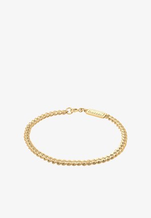 Armband aus goldfarbenen Gliedern mit ineinandergreifenden Kettengliedern, einer glatten Oberfläche und einem Verschluss mit einem rechteckigen Anhänger mit Markenlogo.