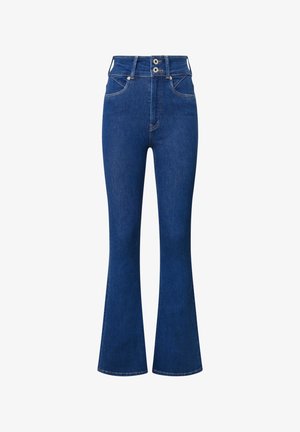 Højtaljede flared jeans i mørkeblåt denim. Har to-knaps lukning, forlommer og subtile syninger langs sømme.