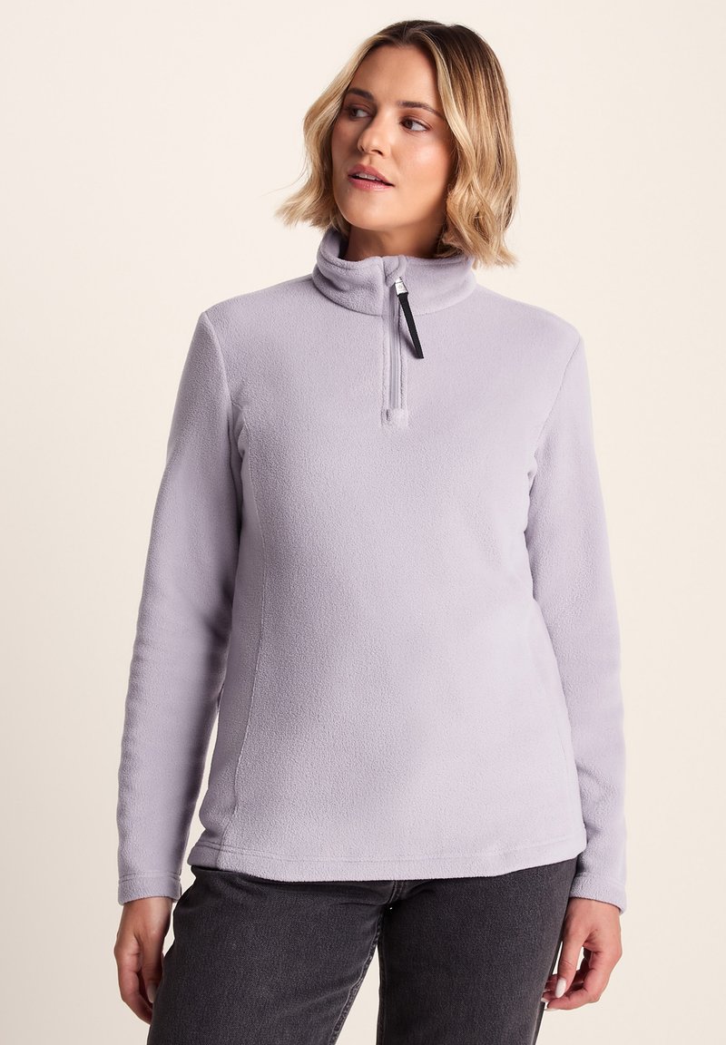 Light purple fleece pullover with a stand-up collar, half-zipper, and long sleeves, featuring a soft texture and minimalistic design.
