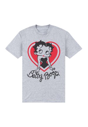 Graues T-Shirt mit einem schwarz-weißen Cartoon-Motiv eines Charakters vor einem roten Herz-Hintergrund und "Betty Boop" in einer kursiven Schriftart.