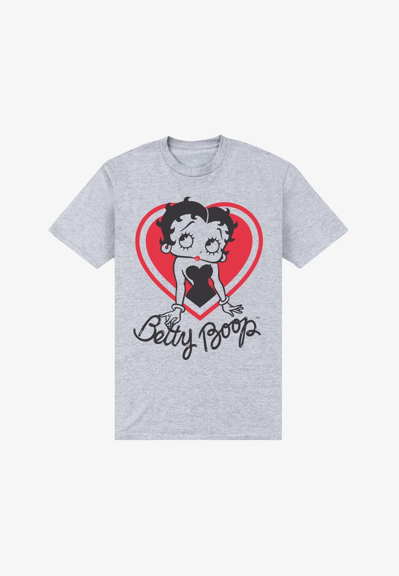 Camiseta gris con un gráfico de caricatura en blanco y negro de un personaje sobre un fondo rojo de corazones y "Betty Boop" en una fuente cursiva.