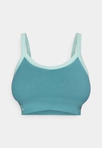Sostenes deportivos en color verde azulado con tirantes delgados ajustables. Hecho de una tela suave y elástica con una textura lisa. Presenta un ribete en verde azulado claro a contraste.