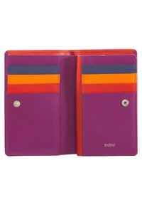 Vibrant purple wallet with multiple card slots in orange, yellow, and navy. Features smooth leather texture and a metal snap closure.