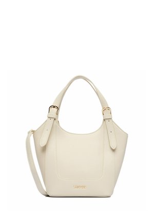 Cremefarbene Lederhandtasche mit zwei oberen Griffen, verstellbarem Schulterriemen und goldfarbenen Schnallendetails, vorne mit der Marke "LASOCKI".