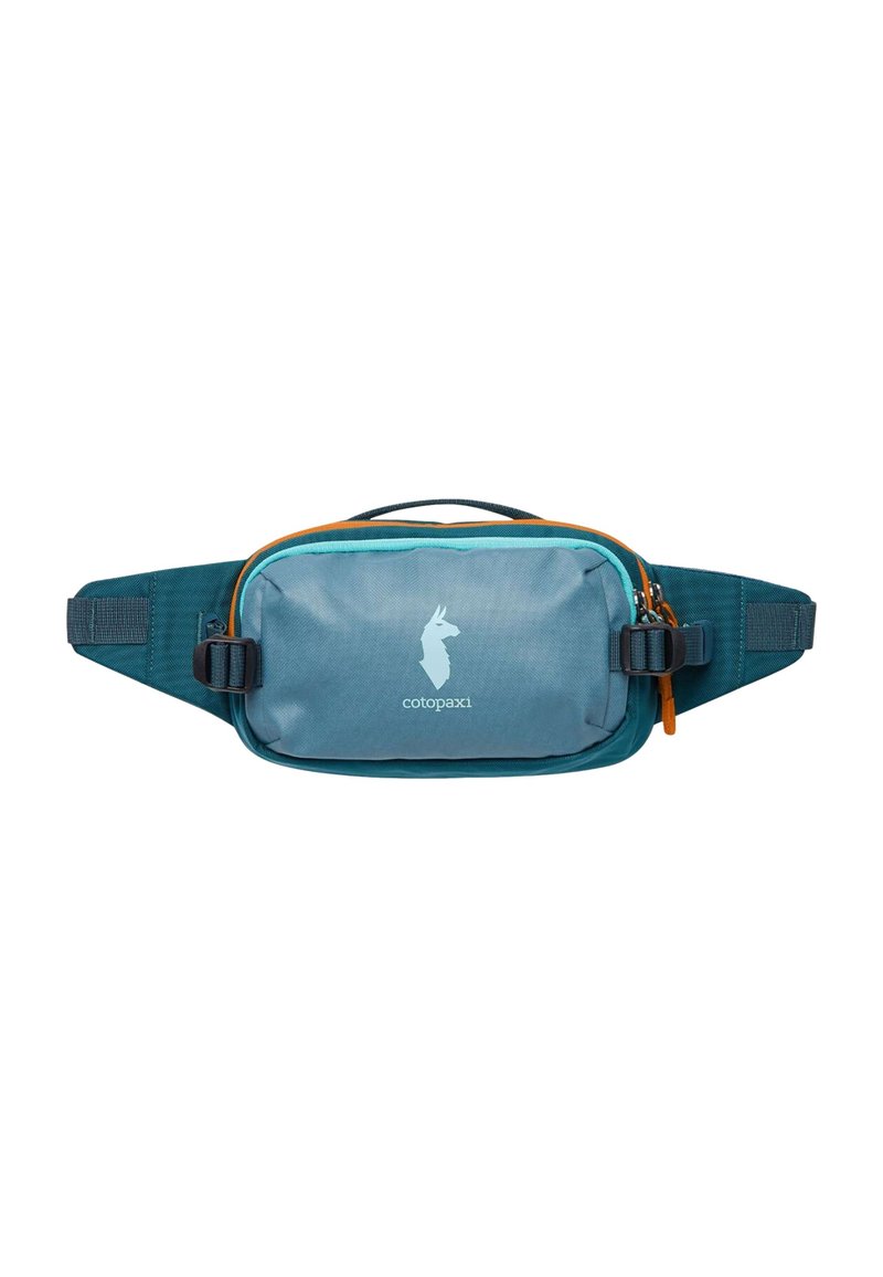 Marsupio blu e turchese con un compartimento anteriore con cerniera, spallacci regolabili e un logo con la silhouette di un lama. Tessuto resistente, forma rettangolare.