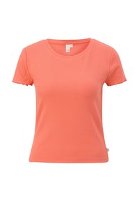 Koraalkleurig t-shirt met korte mouwen, ronde hals, ribgebreide textuur en gegolfde mouwranden. Bevat een klein merkembleem op de zijnaad.