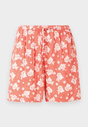Røde blomstermønstrede shorts med hvitt blomsterprint, elastisk midje og snor. Laget av lett stoff med avslappet passform.