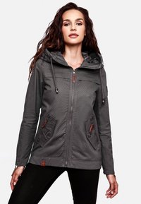 Gray hooded jacket with a zip front, featuring dotted texture, two side pockets with buttons, and brown accents on the zippers.