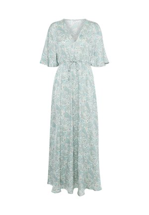 Langes Maxikleid in Hellgrün mit Paisleymuster. Verfügt über einen V-Ausschnitt, kurze, schwingende Ärmel und einen Kordelzugbund für eine verstellbare Passform.