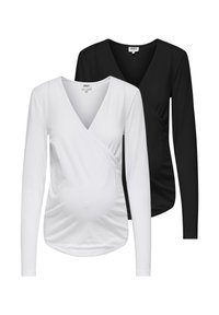 Two long-sleeve wrap tops in white and black, made of soft fabric with a v-neckline and ruching detail on the front.