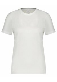 Weißes kurzärmliges T-Shirt mit Rundhalsausschnitt, aus leichtem Stoff gefertigt. Es hat eine glatte Textur und ein minimalistisches Design.