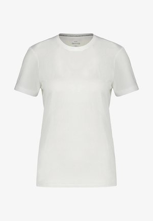 T-shirt bianco a maniche corte con collo rotondo, realizzato in un tessuto leggero. Presenta una texture liscia e un design minimalista.