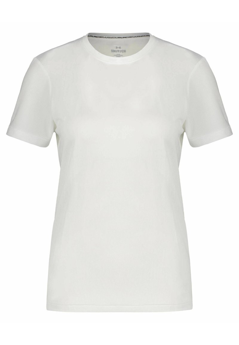 Weißes kurzärmliges T-Shirt mit Rundhalsausschnitt, aus leichtem Stoff gefertigt. Es hat eine glatte Textur und ein minimalistisches Design.