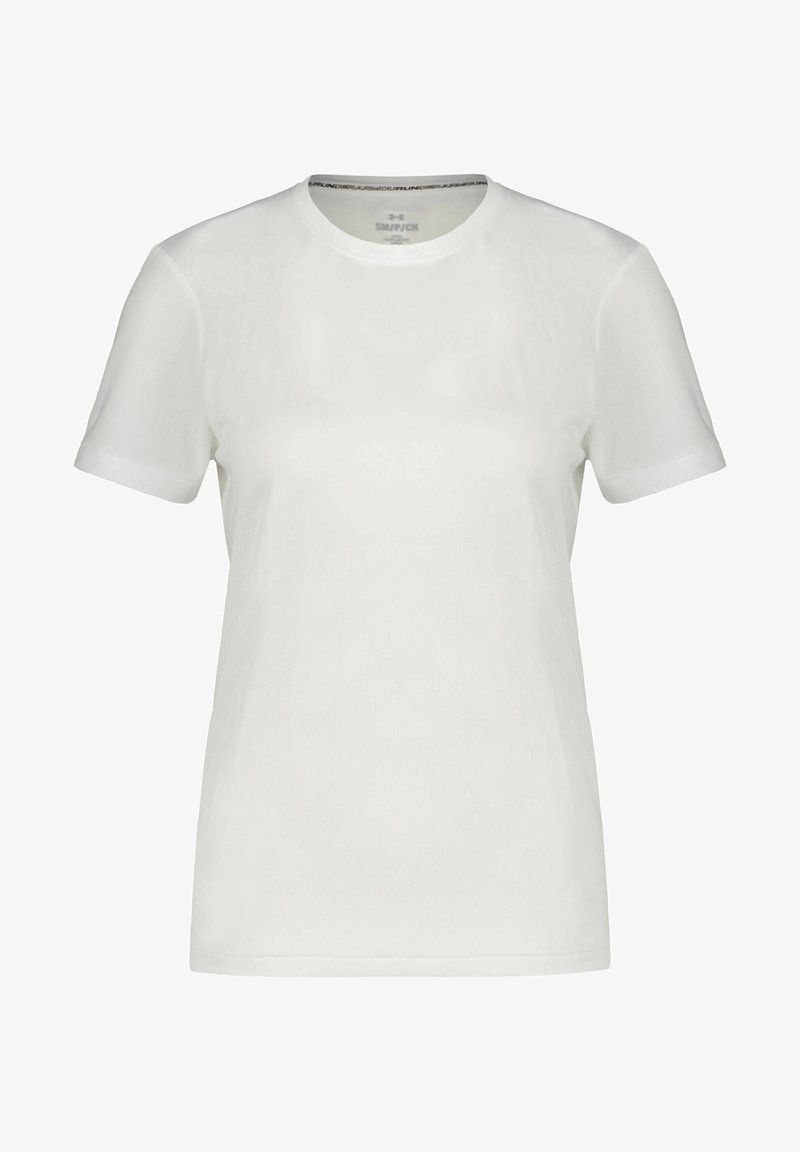 T-shirt bianco a maniche corte con collo rotondo, realizzato in un tessuto leggero. Presenta una texture liscia e un design minimalista.