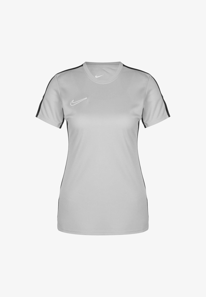 Hellgraues Sportshirt mit kurzen Ärmeln, schwarzen seitlichen Akzenten und einem kleinen weißen Logo auf der linken Vorderseite. Glattes, atmungsaktives Material.