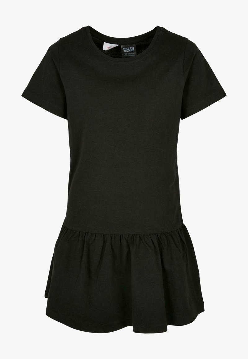 Czarna bawełniana sukienka z okrągłym dekoltem, krótkimi rękawami i rozkloszowanym falbaną u dołu. Gładka tekstura bez wzorów i zdobień.