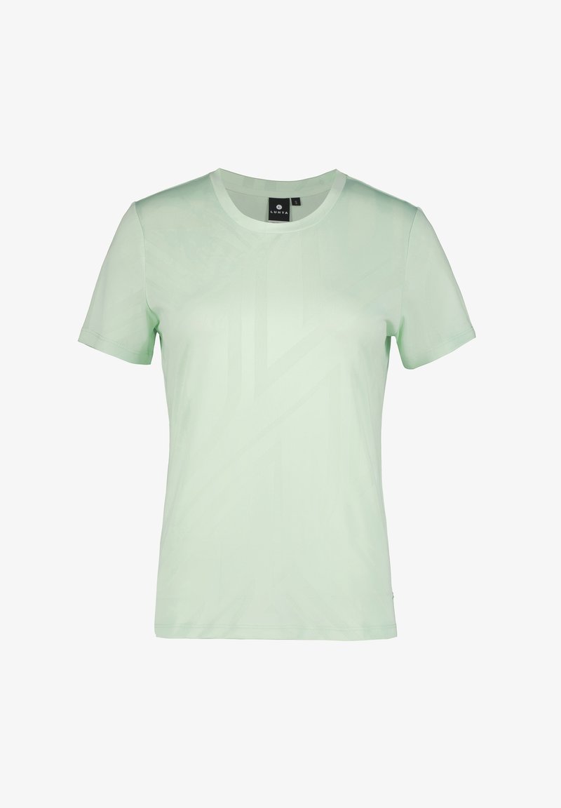 T-shirt à manches courtes vert menthe avec un col rond. Dispose d'un motif géométrique subtil et d'un tissu lisse et léger.