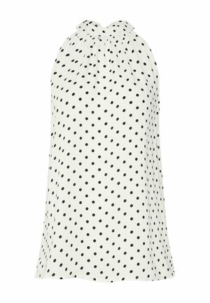 Witte mouwloze haltertop met zwarte polkadots en geplooide halslijn, losse pasvorm en lichtgewicht stof.