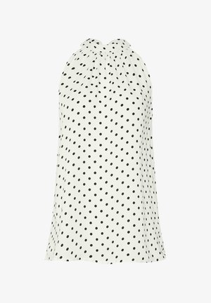 Biały bezrękawnik na szyję w czarne kropki, z marszczonym dekoltem, luźny krój i lekka tkanina.