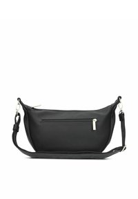 Borsa a tracolla nera in pelle con tracolla regolabile e una tasca anteriore con zip, mostrata su uno sfondo bianco.