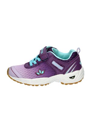 Lila und hellblaue Sportschuh mit Netzoberfläche, Klettverschluss, strukturiertem Sohlen und Logodetail. Verfügt über kontrastierende Farben und gepolsterten Schaft.