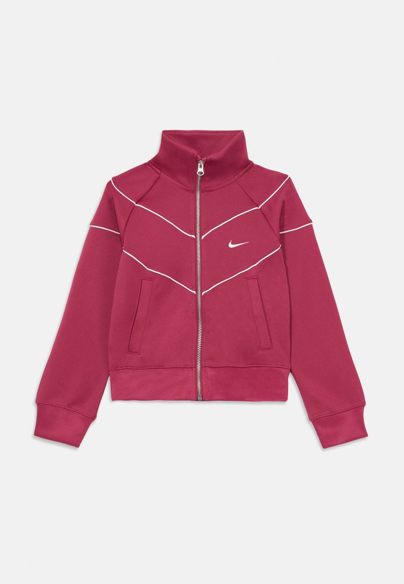 Burgundi Nike cipzáras dzseki magas gallérral, fehér panel részletezéssel és két elülső zsebbel. Puha, rugalmas anyagból készült.